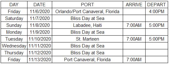 Bliss Mariner 2020 Itinerary