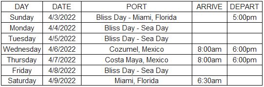 Bliss Cruise Jewel of the Seas Itinerary