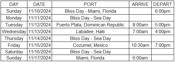 Bliss Oasis 2024 Itinerary